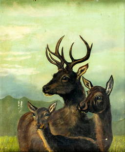 Antique 19C American oil painting: ARTIST: - (American, 19 century) TITLE: Deer Family MEDIUM: oil on canvas CONDITION: Some scratches/paint losses mostly in the lower left quadrant. No visible inpaint unde