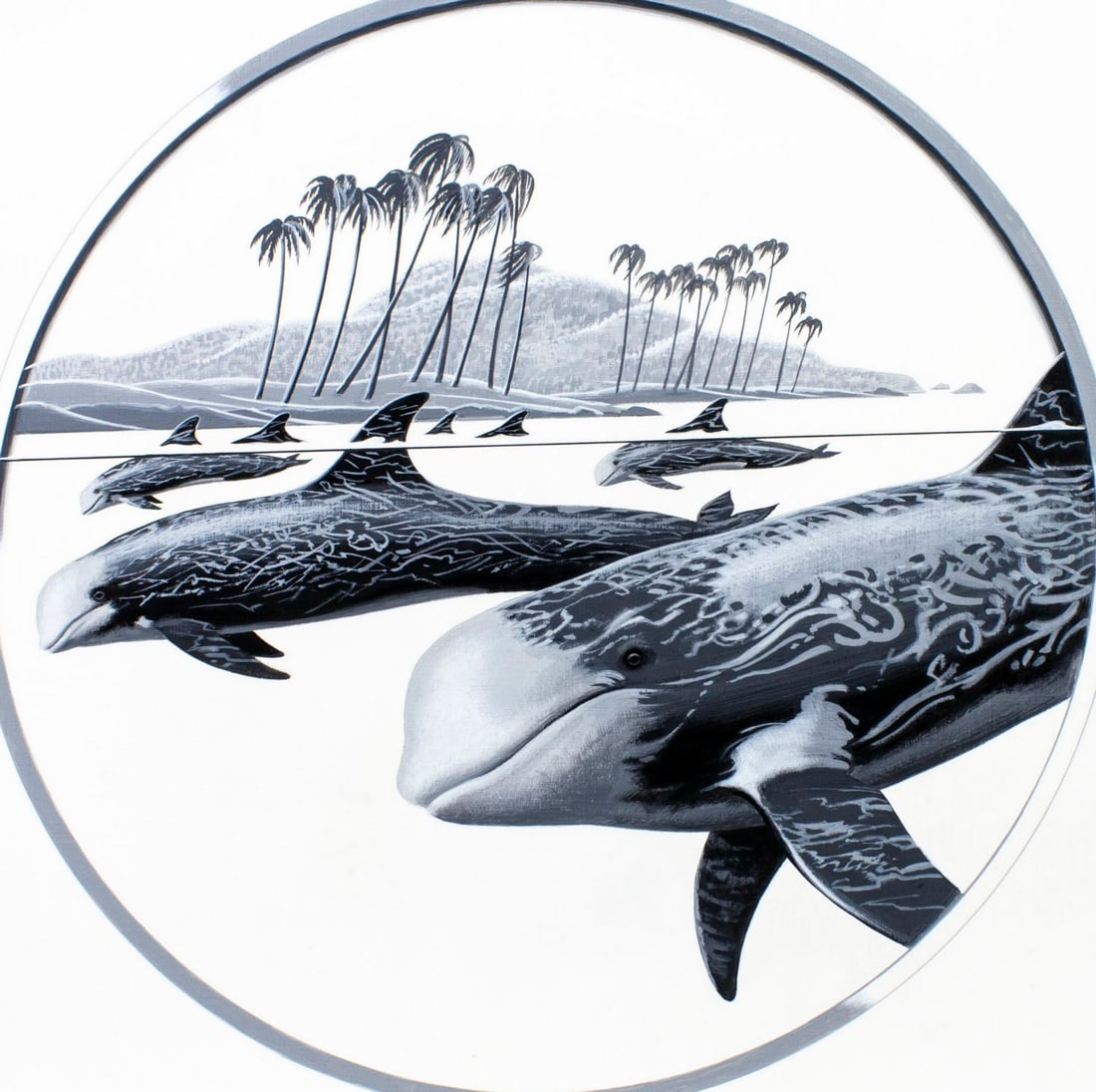 Dean Ellis (NY,1920-2009) gouache painting: ARTIST: Dean Ellis (New York, 1920 - 2009) TITLE: Rissos Dolphin, The Marshall Islands (titled on verso) YEAR: 1992 MEDIUM: gouache on board CONDITION: