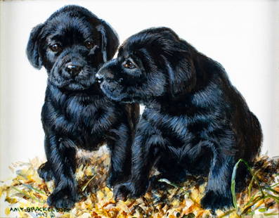 Amy Brackenbury (CO,b 1953) oil painting: ARTIST: Amy Brackenbury (Colorado, born 1953) TITLE: Black Lab Dog Puppies - Pals YEAR: 1993 MEDIUM: oil on board CONDITION: Very good. No visible inpain