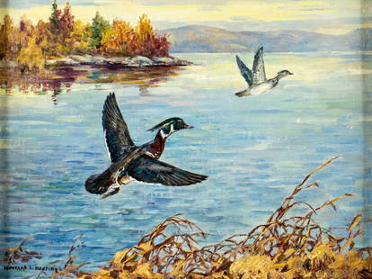 Howard Hastings (NJ,NY,1887-1955) oil painting: ARTIST: Howard Livingston Hastings (New Jersey, New Yok, 1887 - 1955) TITLE: Flying Wood Ducks MEDIUM: oil on canvas board CONDITION: Few minor scratches/paint losses mostly along the right edge.