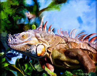 Linda Reils (US,20/21C) oil painting: ARTIST: Linda Reils (American, 20/21 centuries) TITLE: Iguana - Foreign Intruder YEAR: 2009 MEDIUM: oil on canvas CONDITION: Very good. No visible inpaint under UV light. ART SIZE: 11 x 14 inches /