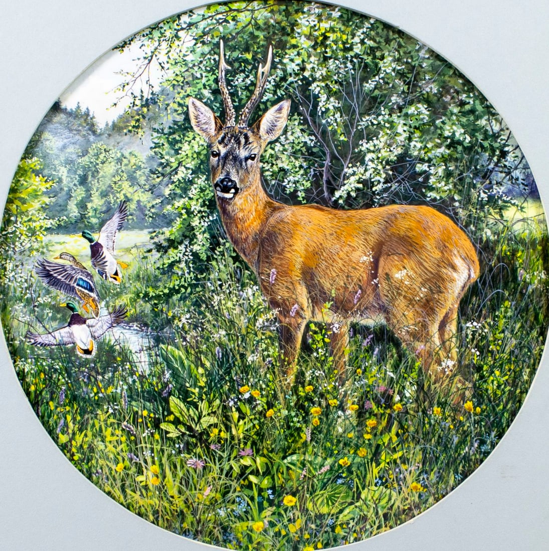 Conrad Franz (German,b 1950) gouache painting: ARTIST: Conrad Franz (Germany, born 1950) TITLE: Art For German Hunting Museum (titled on verso) YEAR: 1987 MEDIUM: gouache on paper. Paper applied to board. COND
