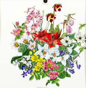 Ernest John Revell (Canada,1934-2017) watercolor painting: ARTIST: Ernest John Revell (Canadian, 1934 - 2017) TITLE: Floral Plate MEDIUM: watercolor on paper. Paper applied to board. CONDITION: Minor age toning. Some small damage to the lower right corner
