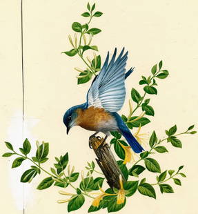 Anthony J Rudisill (US,1934-?) gouache painting: ARTIST: Anthony J Rudisill (American, 1934 - ???) TITLE: Bluebird MEDIUM: gouache on board CONDITION: One nail hole by the upper left corner. One vertical cut line. Minor damages to corners. Minor