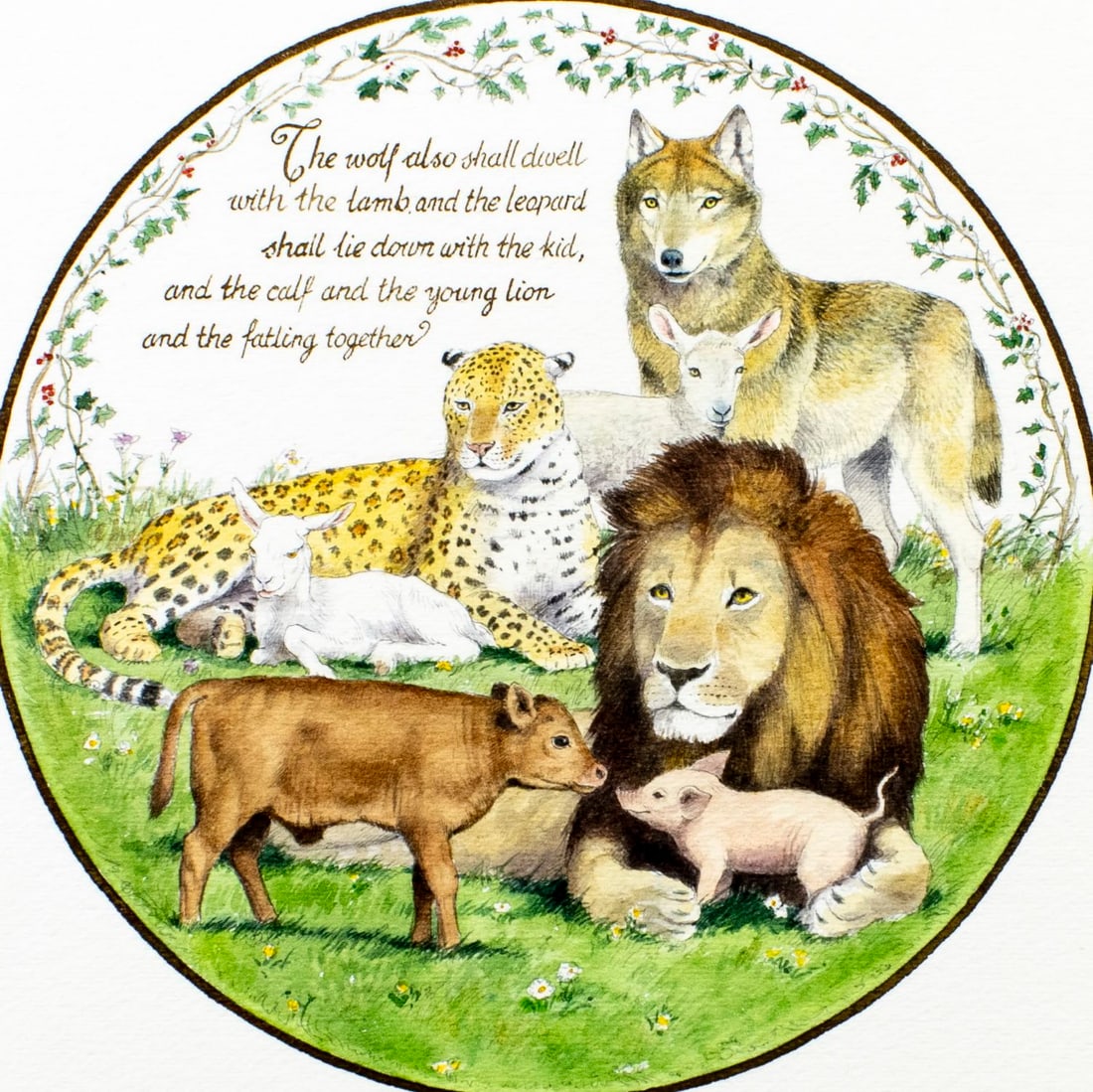 Peter Barrett (UK,1935-?) watercolor painting: ARTIST: Peter Barrett (United Kingdom, 1935 - ???) TITLE: Design for Christmas Plate MEDIUM: watercolor on paper. Paper applied to board. CONDITION: Overall good. Few pinh