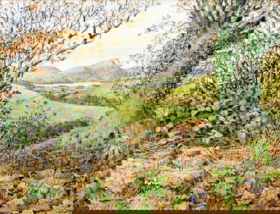 Peter Barrett (UK,1935-?) watercolor painting: ARTIST: Peter Barrett (United Kingdom, 1935 - ???) TITLE: Autumn Forest Landscape with Woodcock Bird MEDIUM: watercolor on paper. Paper applied to board. CONDITION: Minor