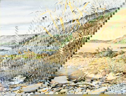 Peter Barrett (UK,1935-?) watercolor painting: ARTIST: Peter Barrett (United Kingdom, 1935 - ???) TITLE: Snow Bunting Birds, Curlew Birds MEDIUM: watercolor on paper. Paper applied to board. CONDITION: Some foxing (jus