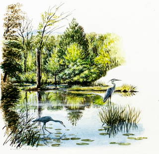 Walter DuBois Richards (CT,OH,1907-2006) watercolor painting: ARTIST: Walter DuBois Richards (Connecticut, Ohio, 1907 - 2006) TITLE: Waterlands with Heron Birds MEDIUM: watercolor on board CONDITION: Few pinholes by the upper right c