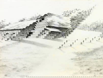 Butler Brown (GA,1937-2020) graphite painting: ARTIST: Butler Brown (Georgia, 1937 - 2020) TITLE: Winter Barn Landscape YEAR: 1979 MEDIUM: graphite on heavy paper CONDITION: Some damages to edges and corners. Some crease lines. Some foxing.