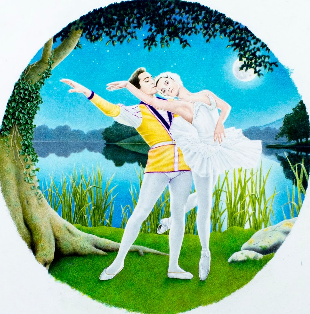 Chris Chapman (US,20C) colored pencil painting: ARTIST: Chris Chapman (American, 20 century) TITLE: Swan Lake Ballet MEDIUM: colored pencil on board CONDITION: Overall good. ART SIZE: 10 x 10 inches /