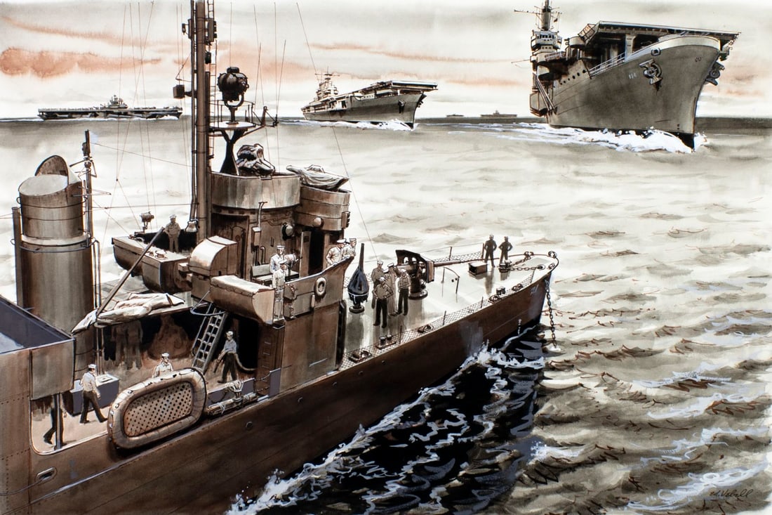Edward Vebell (IL,1921-2018) watercolor painting: ARTIST: Edward T Vebell (Illinois, 1921 - 2018) TITLE: The Caine Muthiny (titled on verso) MEDIUM: watercolor on board CONDITION: Some damages to corners. Few faint scratc