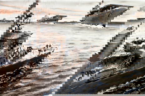 Edward Vebell (IL,1921-2018) watercolor painting: ARTIST: Edward T Vebell (Illinois, 1921 - 2018) TITLE: The Caine Muthiny (titled on verso) MEDIUM: watercolor on board CONDITION: Some damages to corners. Few faint scratc