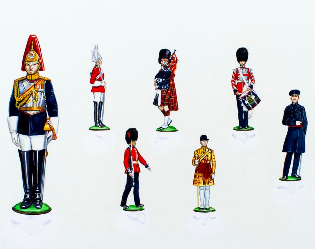 Gerry Embleton (UK,1941-?) gouache painting: ARTIST: Gerry A Embleton (United Kingdom, 1941 - ???) TITLE: The Guards, Porcelain Figurines MEDIUM: gouache on board CONDITION: Few pinholes along edges. Some damages to