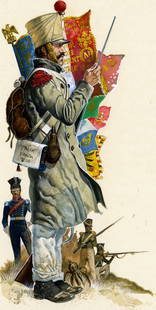 Gerry Embleton (UK,1941-?) watercolor painting: ARTIST: Gerry A Embleton (United Kingdom, 1941 - ???) TITLE: Soldier - Napoleonic French Military Standard Bearer MEDIUM: watercolor on board CONDITION: Some foxing. Minor