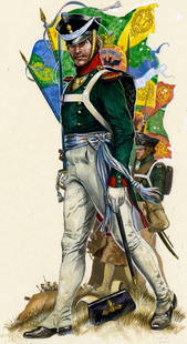 Gerry Embleton (UK,1941-?) watercolor painting: ARTIST: Gerry A Embleton (United Kingdom, 1941 - ???) TITLE: Russian Soldier of Napoleonic War MEDIUM: watercolor on board CONDITION: Some foxing (just few spots). Minor age toning. ART SIZE: 10 x