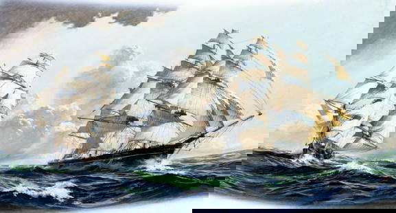 Leonard John Pearce (UK,1932-2019) gouache painting: ARTIST: Leonard John Pearce (United Kingdom, 1932 - 2019) TITLE: Seascape with Sail Ships MEDIUM: gouache on paper. Paper applied to board. CONDITION: Some foxing. One ver