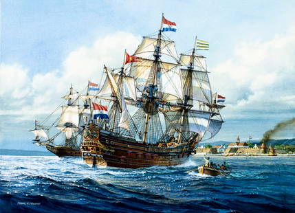 Tom Freeman (MD,MI,1952-2015) watercolor painting: ARTIST: Tom W Freeman (Maryland, Michigan, 1952 - 2015) TITLE: Sail Ship Prins Willem MEDIUM: watercolor on board CONDITION: Very good. Some small damages to the corners o