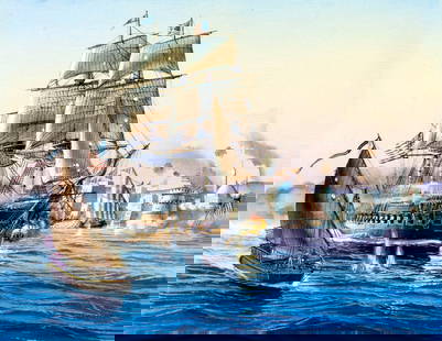 Tom Freeman (MD,MI,1952-2015) watercolor painting: ARTIST: Tom W Freeman (Maryland, Michigan, 1952 - 2015) TITLE: The American Frigate Constitution MEDIUM: watercolor on board CONDITION: Some foxing (just few spots). Some