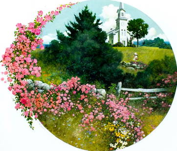 Robert McGinnis (CT,OH,1926-2025) gouache painting: ARTIST: Robert E McGinnis (Connecticut, Ohio, 1926 - 2025) TITLE: Church Landscape MEDIUM: gouache on board CONDITION: Some damages to corners. ART SIZE: 12 x 14 inches / 30 x 35 cm BOARD SIZE: 21