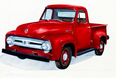 Robert Seabeck (WY,1945-?) watercolor painting: ARTIST: Robert Seabeck (Wyoming, 1945 - ???) TITLE: Ford Automobiles 1953, F-100 Truck (titled on verso) YEAR: 1996 MEDIUM: watercolor on heavy paper CONDITION: Some pinholes along edges. ART SIZE: