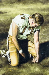 Barbara Fister Liltz (US,20C) oil painting: ARTIST: Barbara Fister Liltz (American, 20 century) NAME: Football Player MEDIUM: oil on canvas board CONDITION: Normal wear along edges. No visible inpaint under UV light. SIGHT SIZE: 9 x 6 inches /