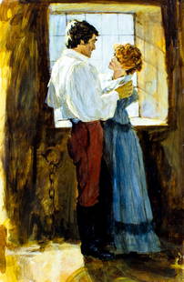 Len Thurston (UK,1934-2015) oil painting: ARTIST: Len Thurston (United Kingdom, 1934 - 2015) TITLE: Illustration - The Passionate Pretenders MEDIUM: oil on board CONDITION: Small damages to corners and edges. Few