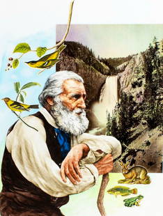 Paul Calle (CT,NY,1928-2010) mixed media painting: ARTIST: Paul Calle (Connecticut, New York, 1928 - 2010) & Chris Calle (American, born 1961) TITLE: 1900s - John Muir (titled on verso) YEAR: 1998 MEDIUM: mixed media on bo