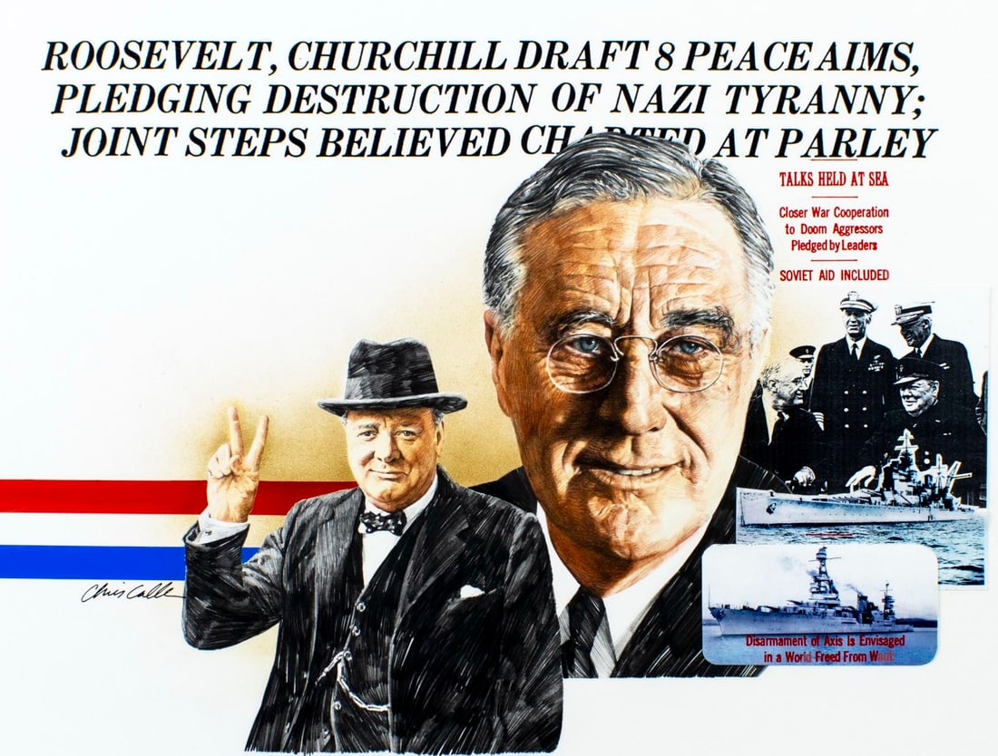 Chris Calle (US,b 1961) mixed media painting: ARTIST: Chris Calle (American, born 1961) TITLE: WWII - Atlantic Charter (titled on verso) YEAR: 1991 MEDIUM: mixed media on board CONDITION: Minor damag