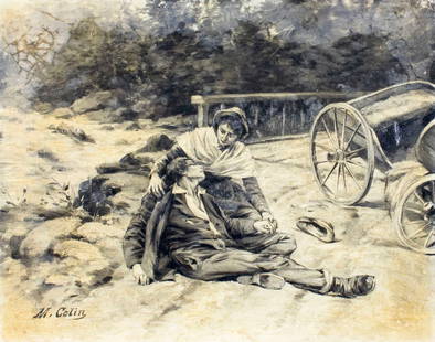 Maximilien Colin (NY,CT,1862-1894) oil painting antique: ARTIST: Maximilian Colin (New York, Connecticut, Russia, 1862 - 1894) NAME: Buggy Scene MEDIUM: oil on canvas CONDITION: Tear 1" long by right edge. Three punctures. Some craquelure. Some in