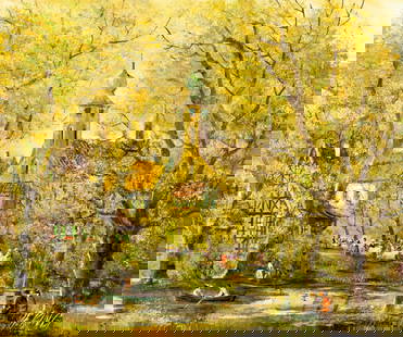 H King (Europe,20C) oil painting: ARTIST: H King (European, 20 century) TITLE: Village Scene MEDIUM: oil on canvas CONDITION: Unstretched (In-House stretching available). Minor craquelure. No visible inpaint