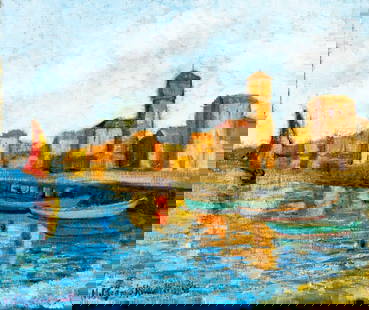 Hildegarde Hamilton (FL,VA,1898-1970) oil painting: ARTIST: Hildegarde Hume Hamilton (Florida, Virginia, 1898 - 1970) TITLE: Coastal Cityscape with Boats MEDIUM: oil on canvas CONDITION: Unstretched (In-House stretching ava