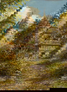M Schony (German,1913-?) oil painting: ARTIST: M Schony (Germany, 1913 - ???) TITLE: European Cityscape MEDIUM: oil on canvas CONDITION: Unstretched (In-House stretching available). Few small paint losses along