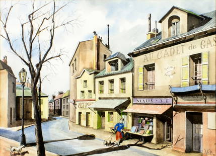 Vintage 20C French watercolor painting signed: ARTIST: - (France, 20 century) TITLE: Cityscape YEAR: 1989 MEDIUM: watercolor on heavy paper CONDITION: Very good. Framed under glass. Wear to frame.