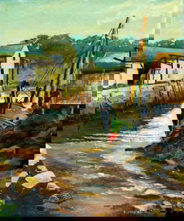 Evelyn Longley (FL,MA,1920-1959) oil painting: ARTIST: Evelyn Louise Longley (Florida, Massachusetts, 1920 - 1959) TITLE: Ebb Tide, Rockport, MA (titled on label) MEDIUM: oil on canvas board CONDITION: Few minor cracks