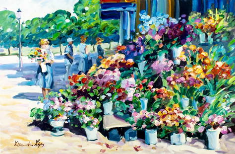 Lisandro Baylon (Argentina,US,1951-?) oil painting: ARTIST: Lisandro Lopez Baylon (Argentinian, American, 1951 - ???) TITLE: Flower Market Scene MEDIUM: oil on canvas CONDITION: Unstretched (In-House stretching available).