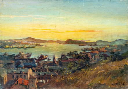 Yuri Myagky (Russia,20C) oil painting: ARTIST: Yuri I Myagky (Russian, 20 century) TITLE: Sunset Coastal Cityscape, Vladivostok, Russia YEAR: 1998 MEDIUM: oil on canvas CONDITION: Few minor paint losses. Some craquelure. No visible