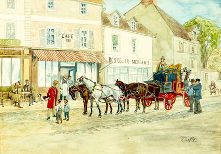Victor Geruzez Crafty (France,1840-1906) watercolor painting antique: ARTIST: Victor Geruzez Crafty (French, 1840 - 1906) TITLE: Street Scene with Horse Carriage MEDIUM: watercolor on paper CONDITION: Minor age toning. Framed under glass. We