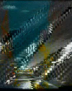 Zartero (Europe,20C) oil painting: ARTIST: Zartero (European, 20 century) TITLE: Evening Cityscape MEDIUM: oil on board CONDITION: Few minor scratches/paint losses. No visible inpaint under UV light. Minor damages to frame. ART SIZE: