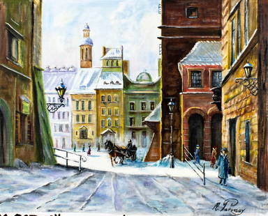 M Patonay (Hungary,20C) oil painting: ARTIST: M Patonay (Hungarian, 20 century) TITLE: Winter Cityscape MEDIUM: oil on canvas CONDITION: Unstretched (In-House stretching available). Few minor paint losses. Minor craquelure. No visible
