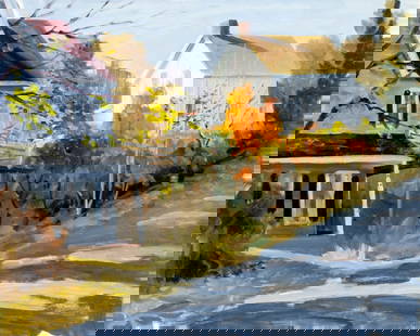 George Holloway (NJ,20C) oil painting: ARTIST: George Holloway (New Jersey, 20 century) TITLE: Autumn Town Scene MEDIUM: oil on canvas board CONDITION: Overall good. No visible inpaint under UV light. ART SIZE: 16 x 20 inches / 40 x 50 cm
