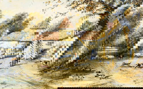Newton Fielding (UK,1799-1856) watercolor painting antique: ARTIST: Newton Smith Limbird Fielding (United Kingdom, 1799 - 1856) TITLE: Village Scene YEAR: 1831 MEDIUM: watercolor on heavy paper CONDITION: Few te