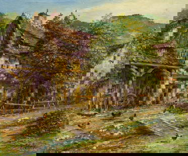 M Schony (German,1913-?) oil painting: ARTIST: M Schony (Germany, 1913 - ???) TITLE: Erzgebirge, Germany MEDIUM: oil on canvas CONDITION: Unstretched (In-House stretching available). Overall good. No visible inpaint under UV light. ART