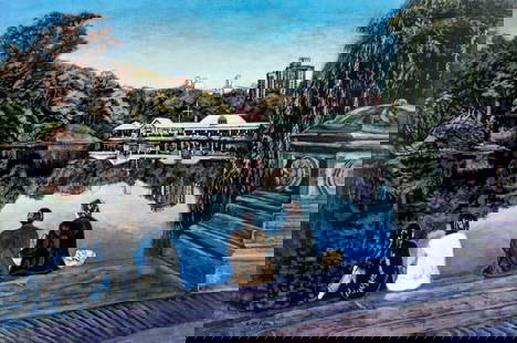 Evelyn Metzger (NY,Brazil,1911-2007) oil painting: ARTIST: Evelyn Borchard Metzger (New York, Brazilian, 1911 - 2007) TITLE: Central Park Landscape, NY YEAR: 1991 MEDIUM: oil on board CONDITION: Minor damages to corners. Some scratches. No visible