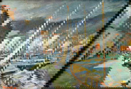 Roncalli (Italy,mid 20C) oil painting: ARTIST: Roncalli (Italian, mid 20 century) TITLE: Harbor Scene YEAR: 1967 MEDIUM: oil on board CONDITION: Minor damage to the lower right corner. Minor s