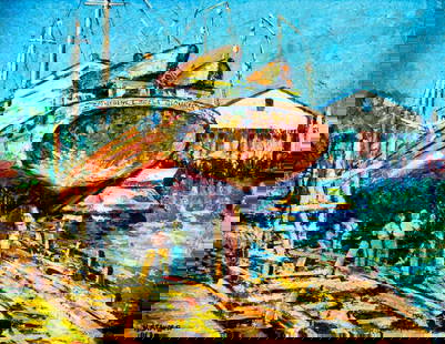 H Stanger (MA,mid 20C) oil painting: ARTIST: H Stanger (Massachusetts, mid 20 century) TITLE: Gloucester Harbor Scene YEAR: 1953 MEDIUM: oil on canvas board CONDITION: Few small paint losses