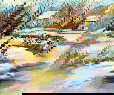 John Reilly (NY,NJ,1942-2021) oil painting: ARTIST: John Reilly (New York, New Jersey, 1942 - 2021) TITLE: Winter Town Scene MEDIUM: oil on board CONDITION: Some small scratches/paint losses. No visible inpaint unde