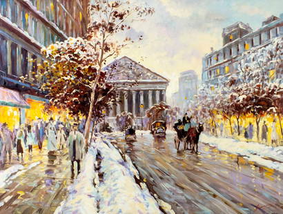 H Jason (Europe,20C) oil painting: ARTIST: H Jason (European, 20 centuty) TITLE: Evening Paris Cityscape MEDIUM: oil on canvas CONDITION: Unstretched (In-House stretching available). Missing a few flakes of paint. Some craquelure. No