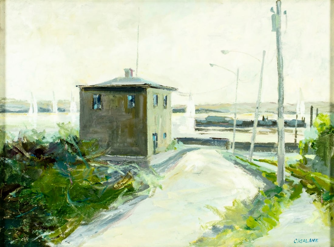 Joseph Casalane (US,20C) oil painting: ARTIST: Joseph A Casalane (American, 20 century) TITLE: Cityscape - New Castle Strand, DE (titled on verso) YEAR: 1982 MEDIUM: oil on canvas CONDITION: O