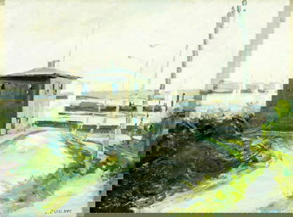 Joseph Casalane (US,20C) oil painting: ARTIST: Joseph A Casalane (American, 20 century) TITLE: Cityscape - New Castle Strand, DE (titled on verso) YEAR: 1982 MEDIUM: oil on canvas CONDITION: O