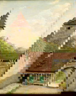 Vintage mid 20C Danish oil painting signed: ARTIST: - (Denmark, mid 20 century) TITLE: Cityscape - The Gate of Rothenburg, Germany YEAR: 1938 MEDIUM: oil on canvas CONDITION: Few minor scratches/paint losses. Very minor craquelure. No